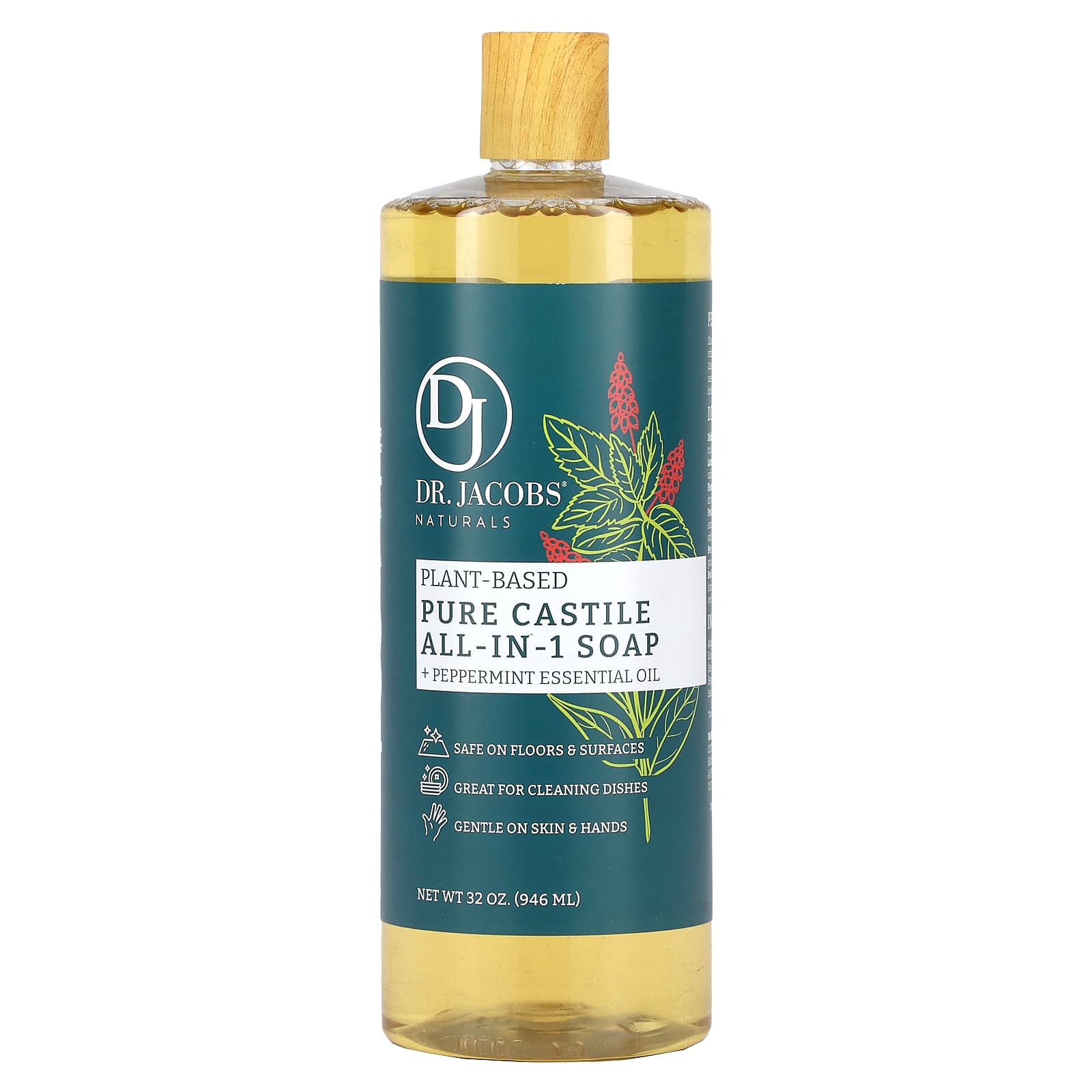 Dr. Jacobs Naturals, Plant-Based Pure Castile All-In-1 Soap, Peppermint Essential Oil, 32 oz (946 ml)