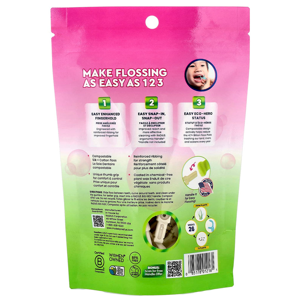 RADIUS, Kids, EcoFlex Floss Picks, Bubblegum, 50 Compostable Floss Picks
