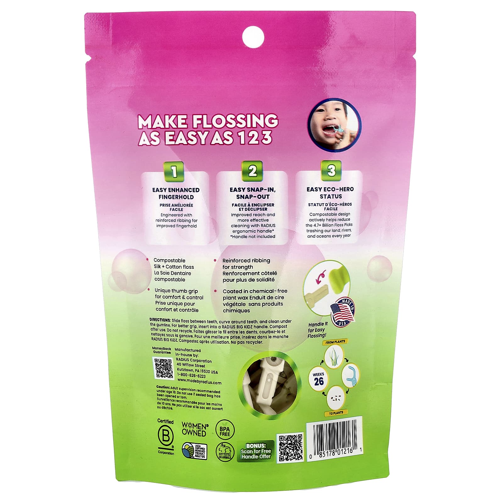 RADIUS, Kids, EcoFlex Floss Picks, Bubblegum, 50 Compostable Floss Picks