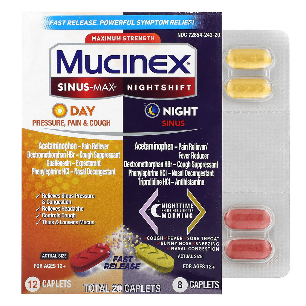 Mucinex, Sinus-Max Day and Nightshift Night Sinus, Maximum Strength, For Ages 12+, 2 Bottles, 20 Caplets