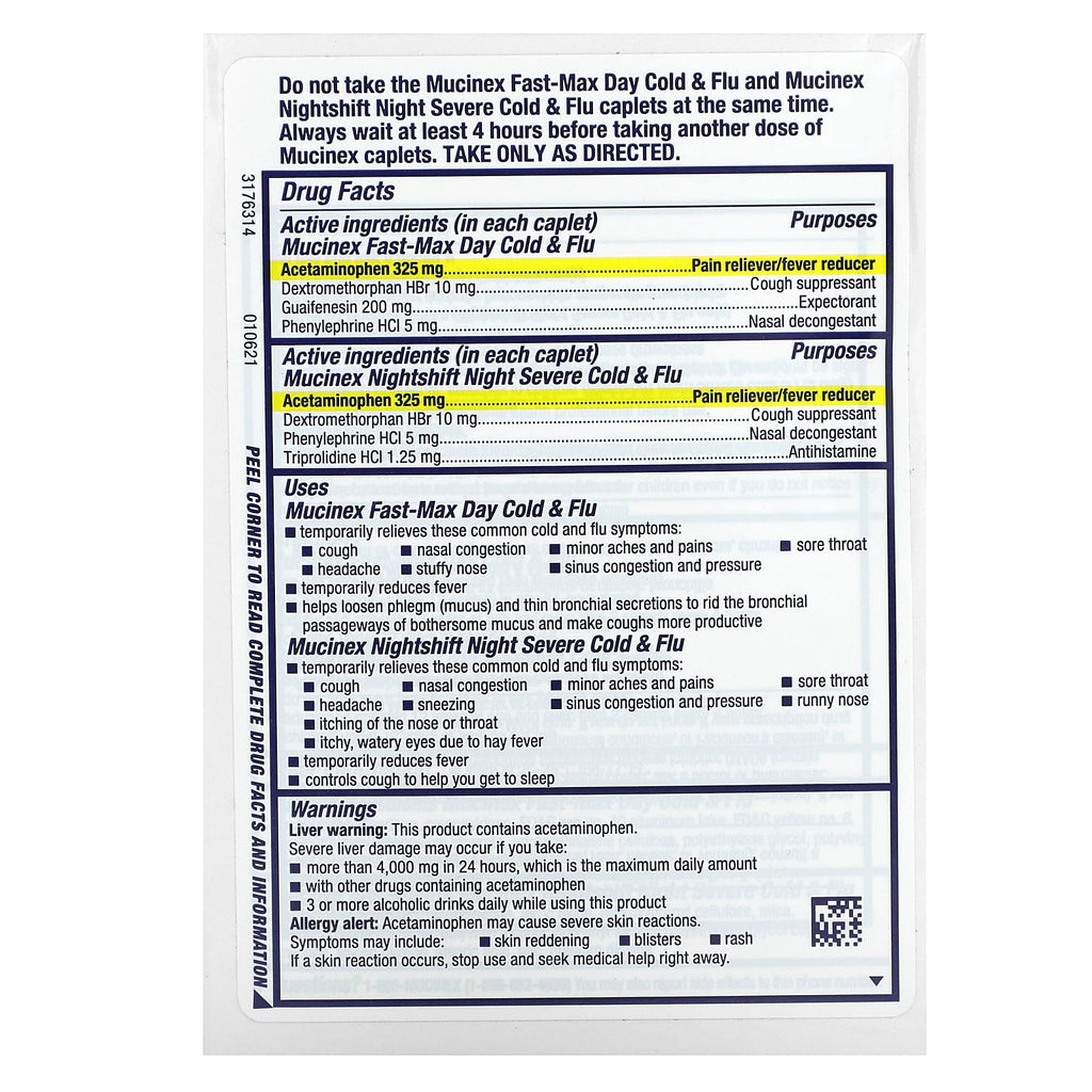 Mucinex, Fast-Max Day Cold & Flu and Nightshift Night Severe Cold & Flu, Maximum Strength, For Ages 12+, 2 Bottles, 40 Caplets