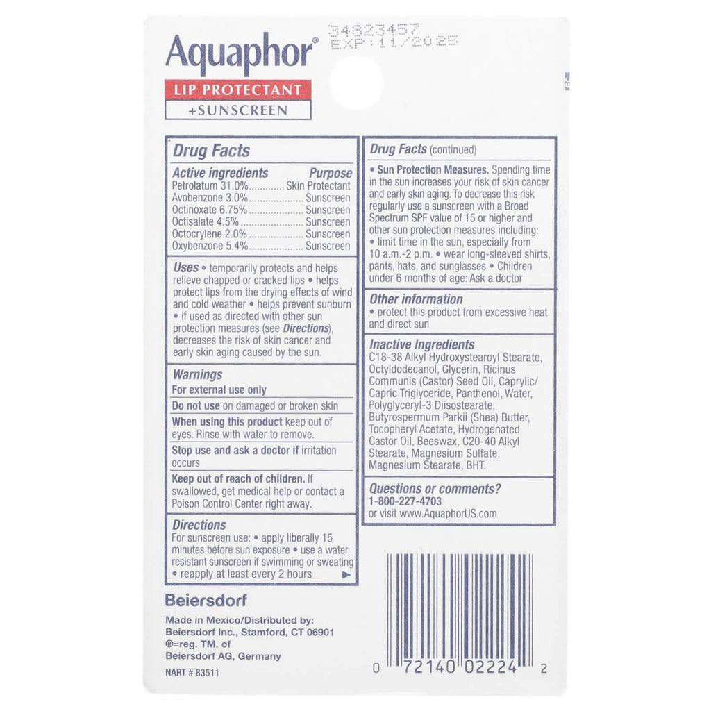 Aquaphor, Lip Protectant + Sunscreen, SPF 30, Fragrance Free, 2 Tubes, 0.35 fl oz (10 ml) Each