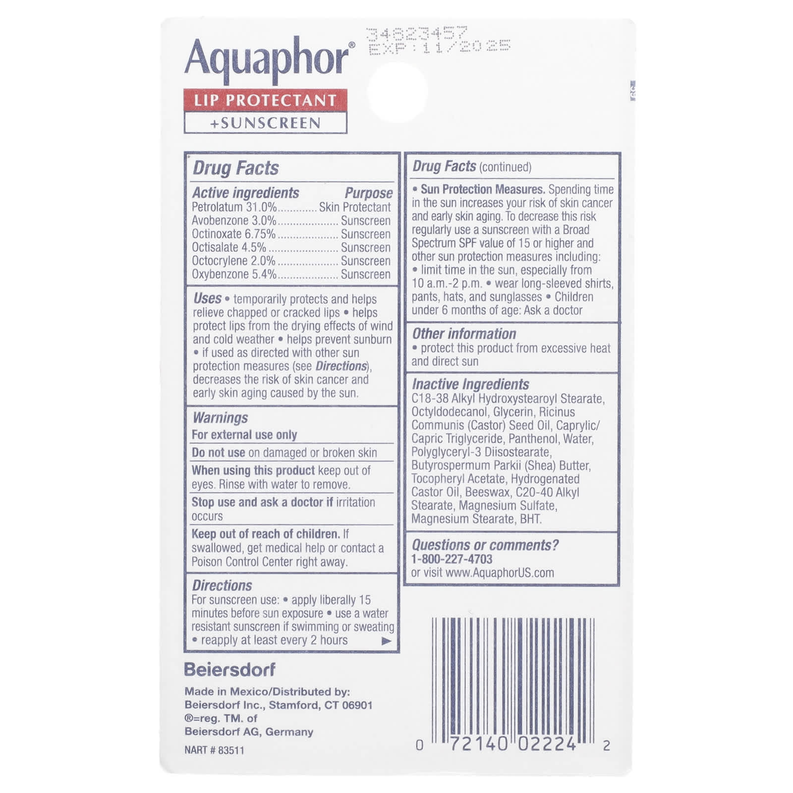Aquaphor, Lip Protectant + Sunscreen, SPF 30, Fragrance Free, 2 Tubes, 0.35 fl oz (10 ml) Each