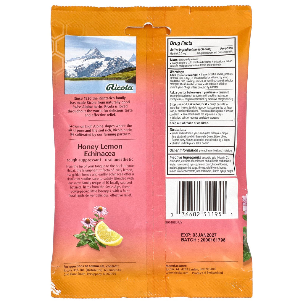 Ricola, Oral Anesthetic, Honey Lemon Echinacea , 19 Wrapped Drops