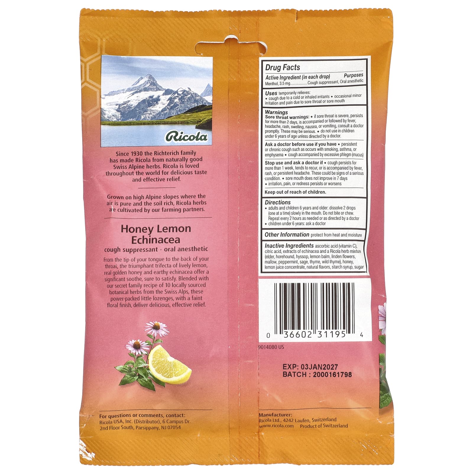 Ricola, Oral Anesthetic, Honey Lemon Echinacea , 19 Wrapped Drops