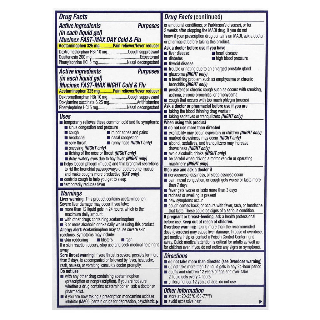 Mucinex, Fast-Max Day/Night Cold & Flu, Maximum Strength, Ages 12+, 24 Liquid Gels