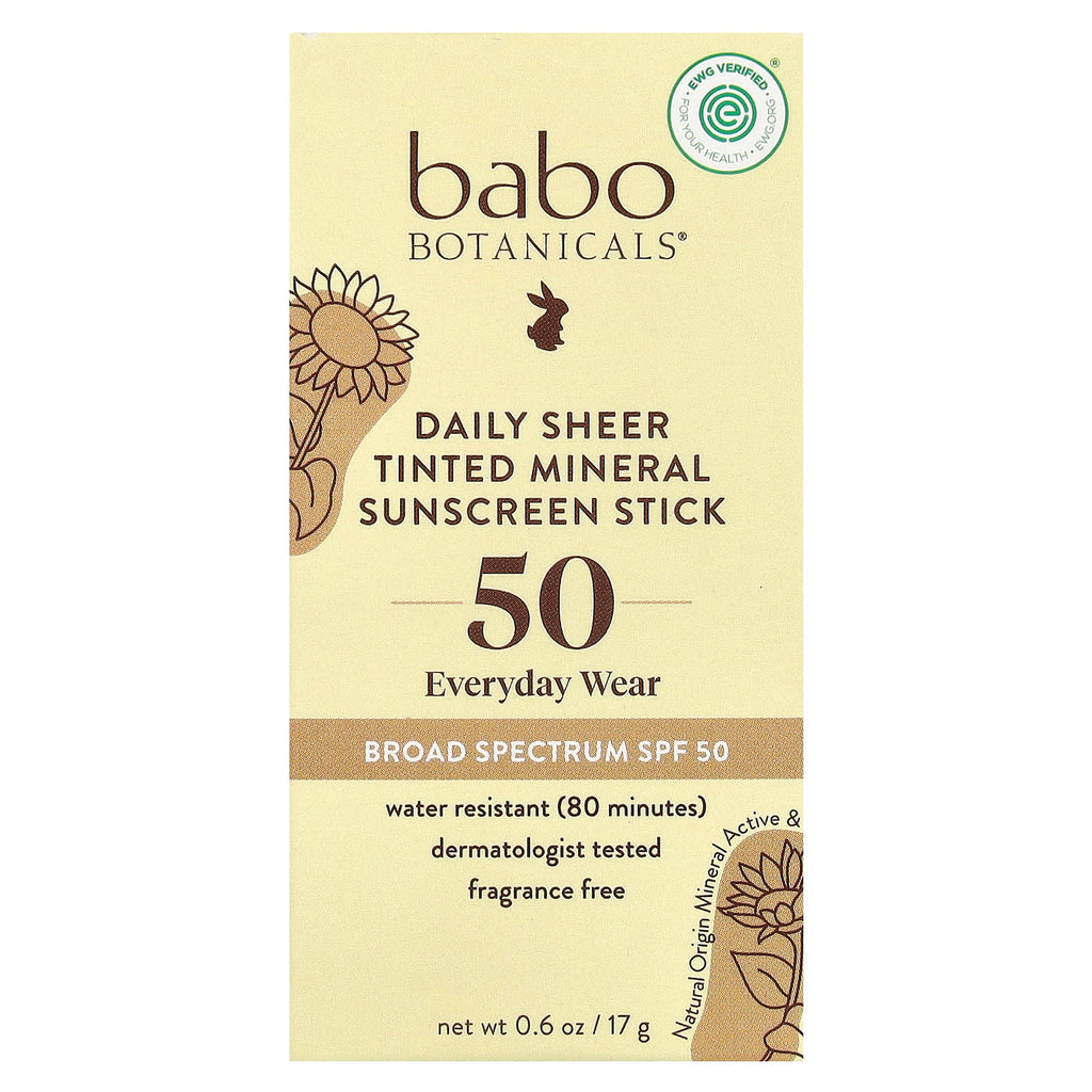 Babo Botanicals, Daily Sheer Tinted Mineral Sunscreen Stick, SPF 50, Fragrance Free, 0.6 oz (17 g)