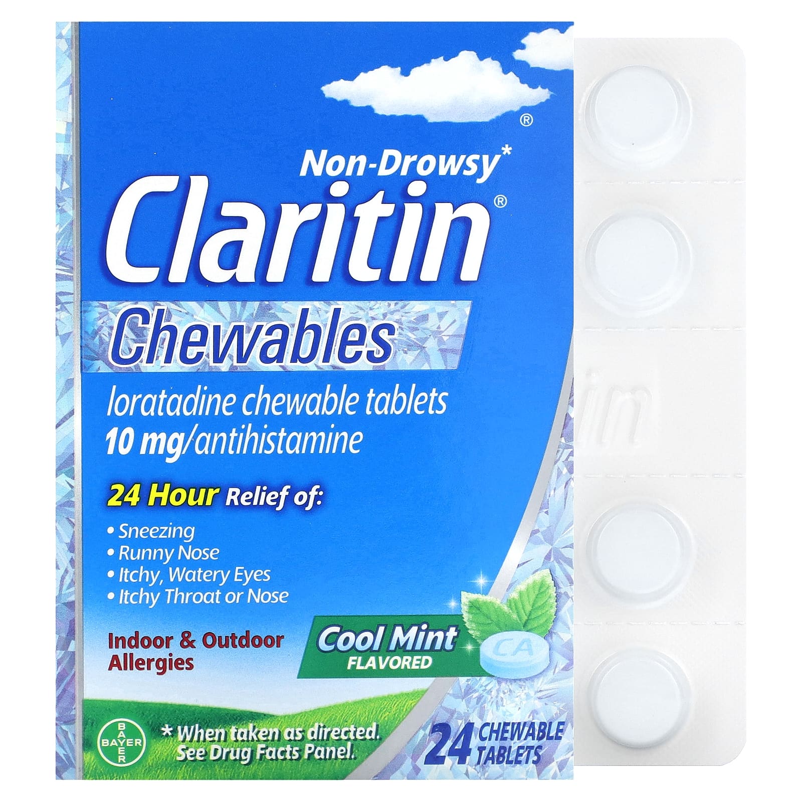 Claritin, Non-Drowsy, Chewables, Cool Mint, 10 mg, 24 Chewable Tablets