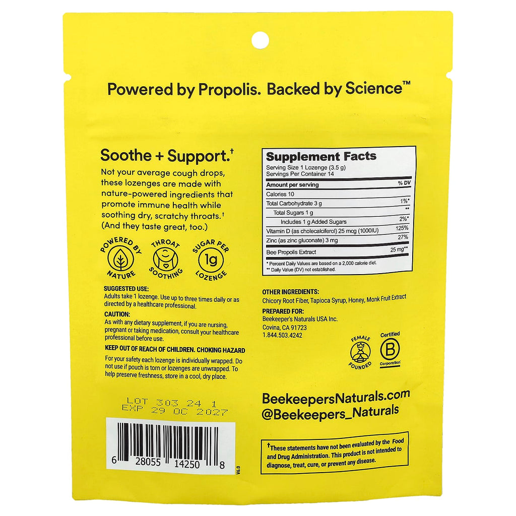 Beekeeper's Naturals, Propolis Soothing Lozenges, Honey, 14 Lozenges, 1.76 oz (50 g)