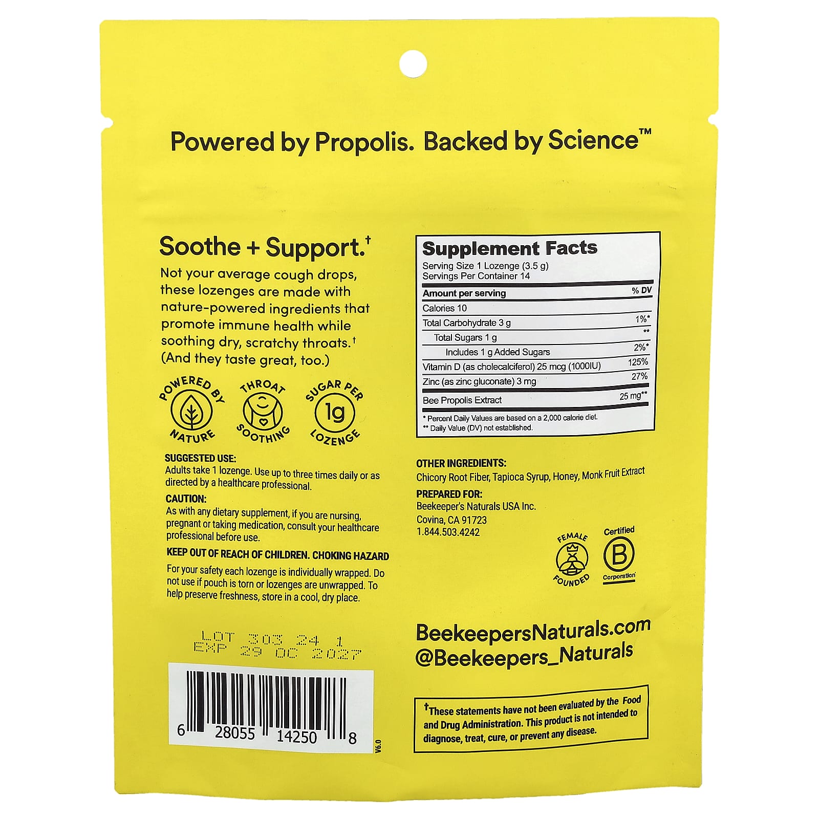 Beekeeper's Naturals, Propolis Soothing Lozenges, Honey, 14 Lozenges, 1.76 oz (50 g)