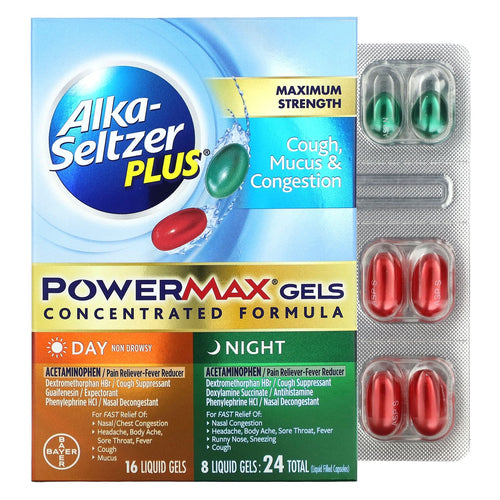 Alka-Seltzer Plus, Cough Mucus & Congestion PowerMax Gels, Maximum Strength, Day & Night, 24 Liquid Gels
