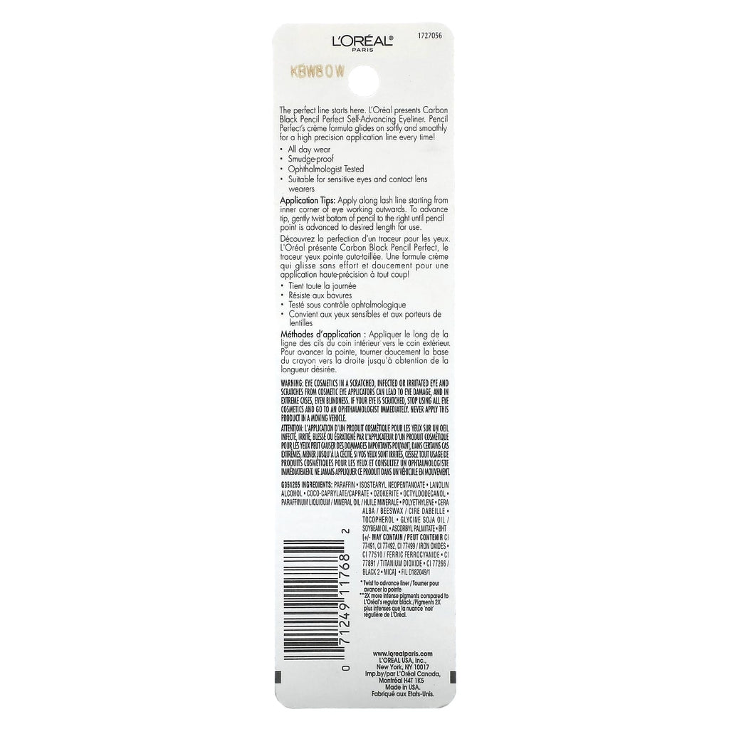 L'Oréal, Pencil Perfect, Self-Advancing Eyeliner, 190 Carbon Black, 0.01 oz (280 mg)