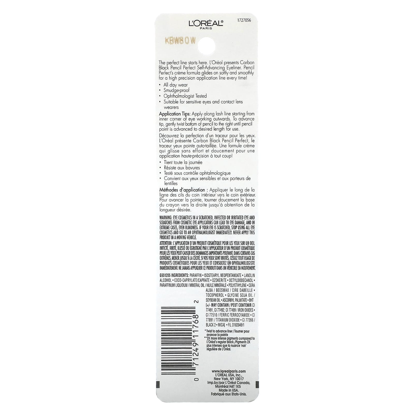 L'Oréal, Pencil Perfect, Self-Advancing Eyeliner, 190 Carbon Black, 0.01 oz (280 mg)
