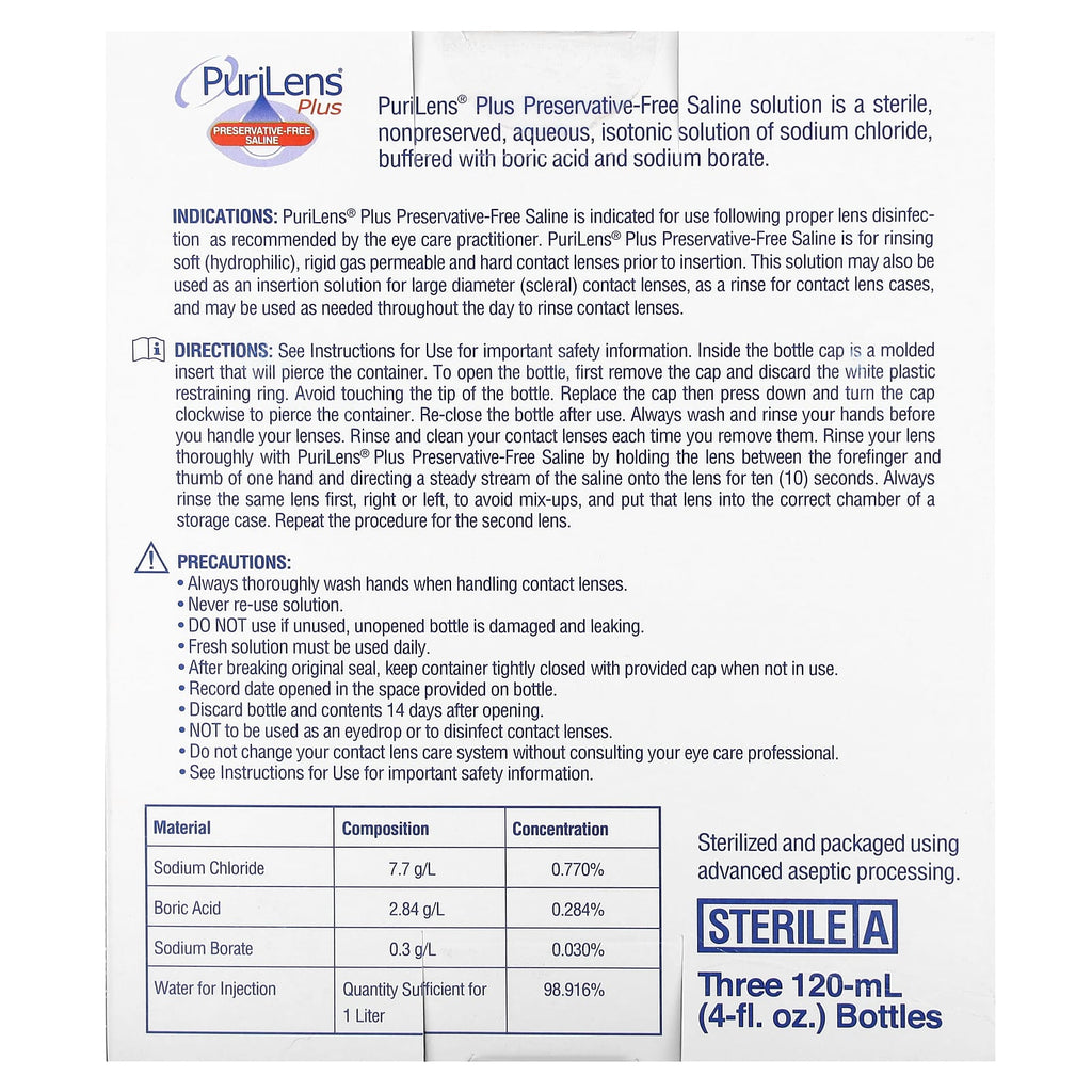 Purilens, Plus Preservative-Free Saline, 3 Bottles, 4 fl oz (120 ml) Each