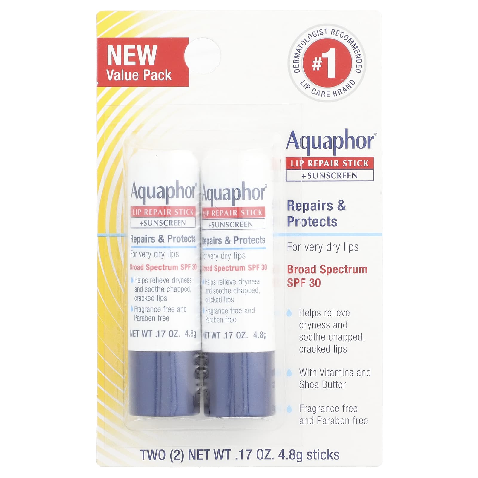 Aquaphor, Lip Repair Stick + Sunscreen, SPF 30, Fragrance Free, 2 Sticks, 0.17 oz (4.8 g) Each