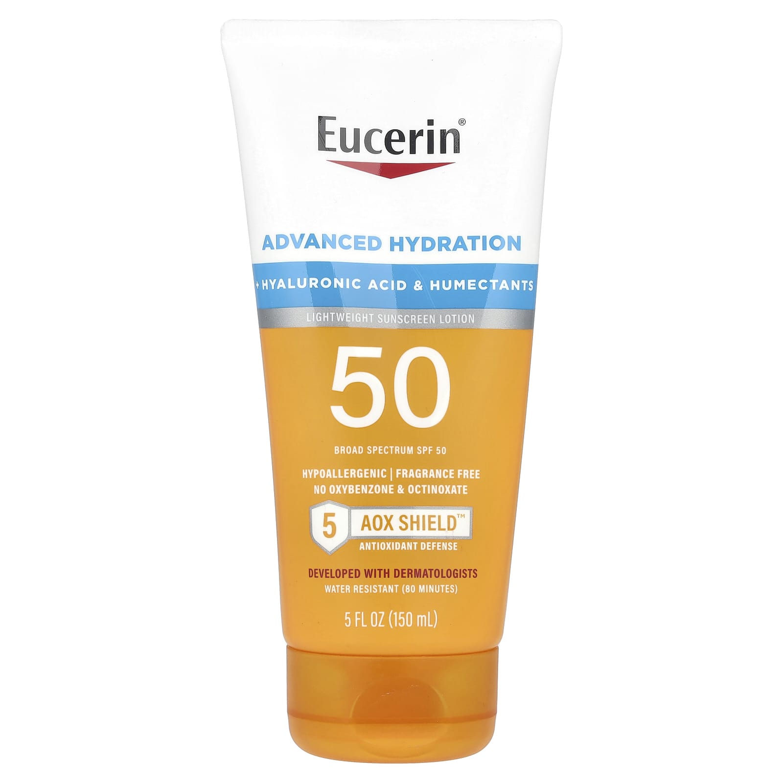 Eucerin, Advanced Hydration, Lightweight Sunscreen Lotion, SPF 50, Fragrance Free, 5 fl oz (150 ml)