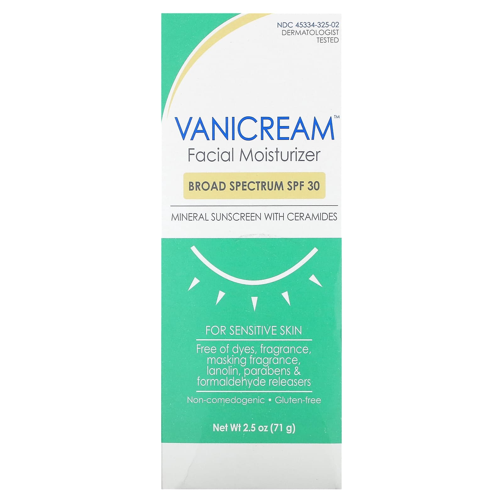 Vanicream, Facial Moisturizer, Mineral Sunscreen with Ceramides, For Sensitive Skin, SPF 30, 2.5 oz (71 g)