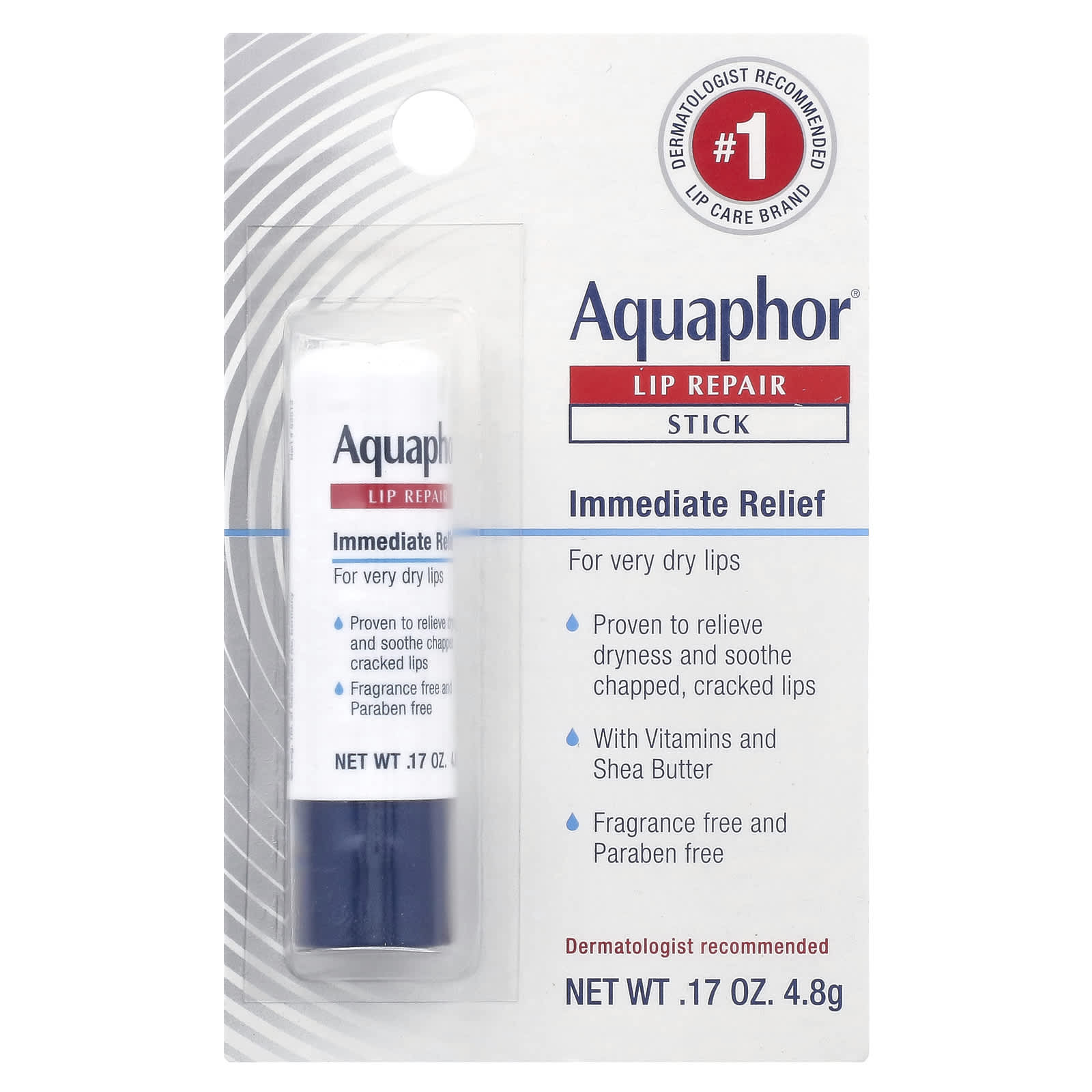 Aquaphor, Lip Repair Stick, Immediate Relief, Fragrance Free, 0.17 oz (4.8 g)