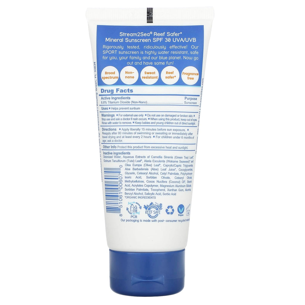 Stream2Sea, Water Sport Sunscreen, SPF 30, Fragrance Free, 3 fl oz (90 ml)