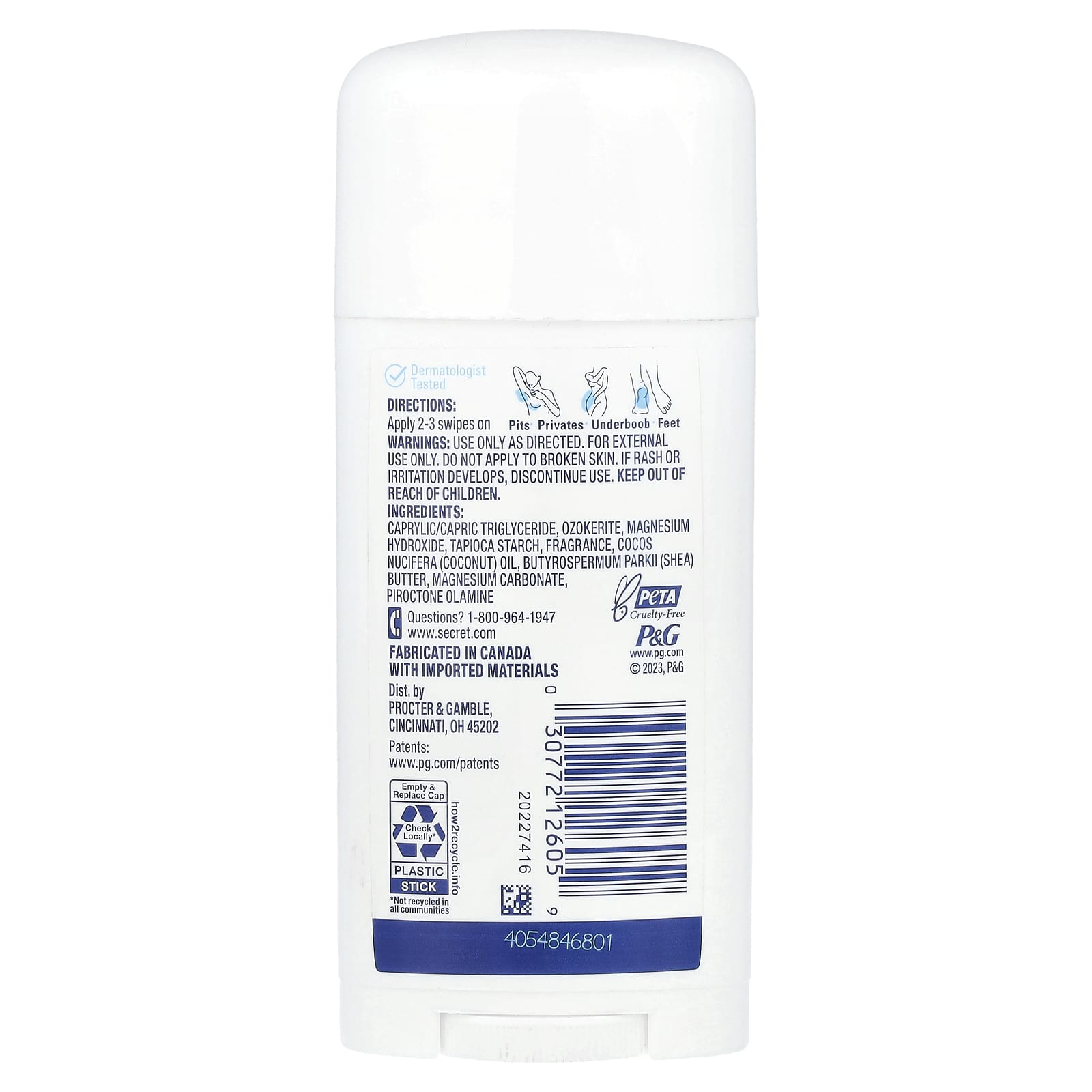 Secret, Whole Body Deodorant, Aluminum Free Dry Solid, Peach + Vanilla Blossom, 2.4 oz (68 g)