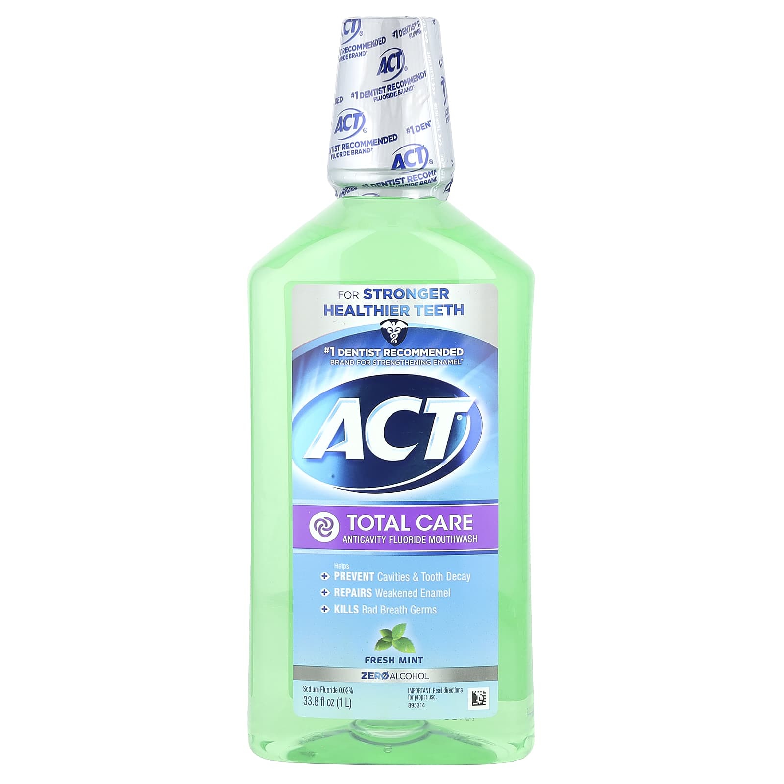 Act, Total Care Anticavity Fluoride Mouthwash, Alcohol Free, Fresh Mint, 33.8 fl oz (1 L)