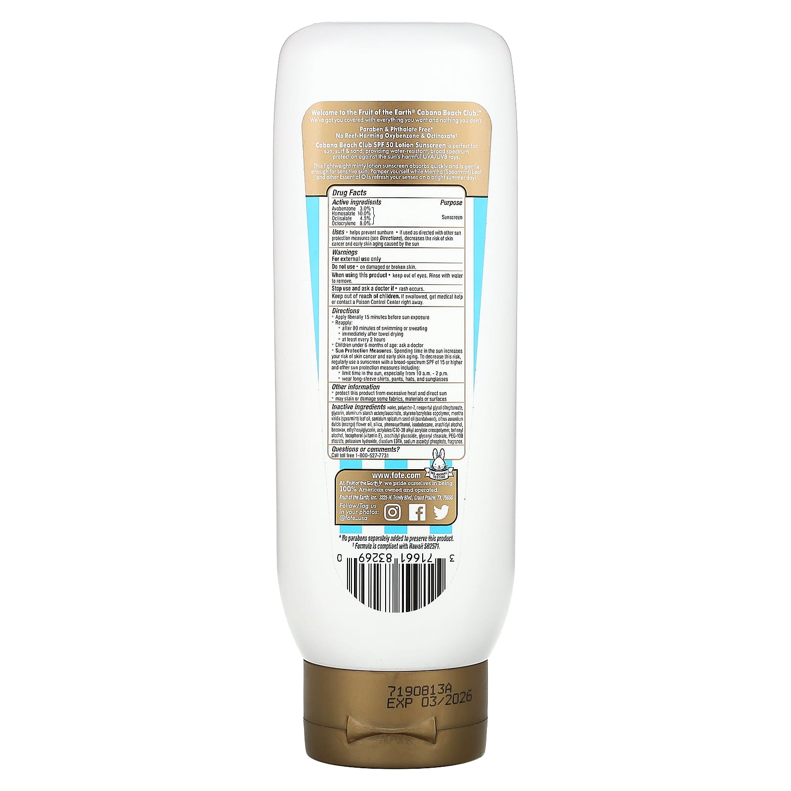 Fruit of the Earth, Cabana Beach Club, Sunscreen With Mentha +Essential Oils, SPF 50, 8 fl oz (237 ml)