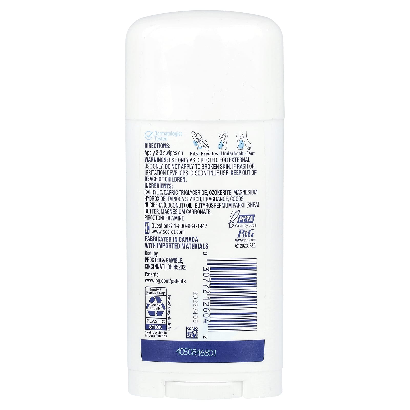 Secret, Whole Body Deodorant, Aluminum Free Dry Solid, Fresh Lilac + Waterlily, 2.4 oz (68 g)