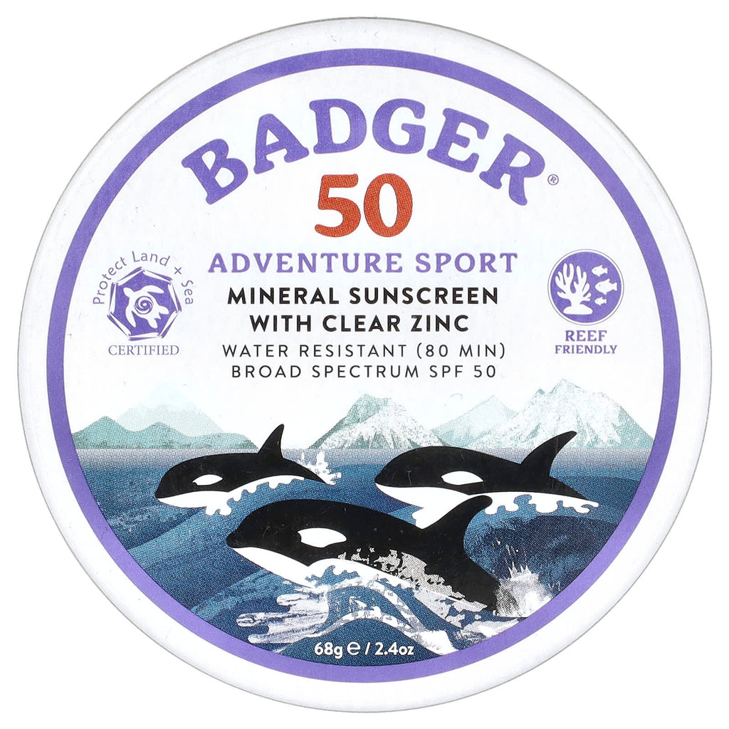 Badger, Adventure Sport, Mineral Sunscreen with Clear Zinc, SPF 50, Unscented, 2.4 oz (68 g)