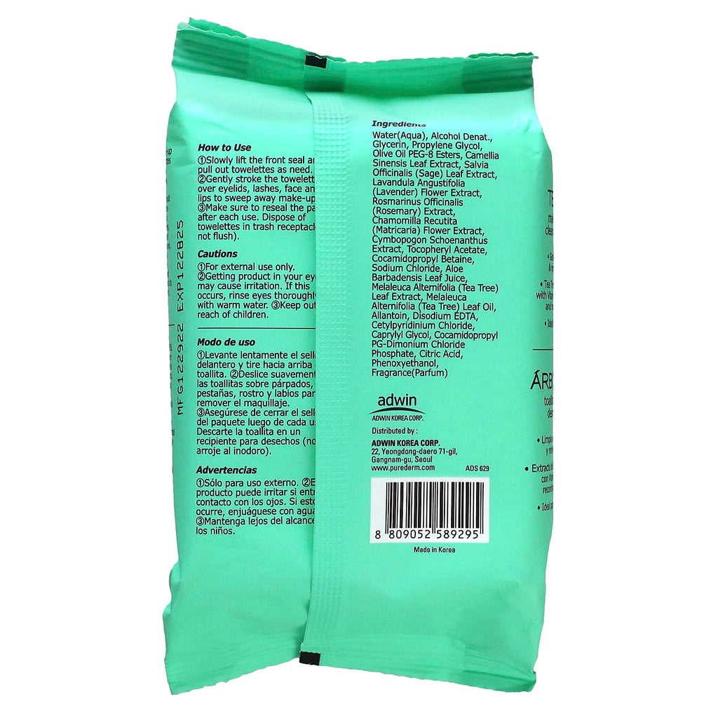Purederm, Make-Up Remover Cleansing Towelettes, Tea Tree, 30 Wet Towelettes