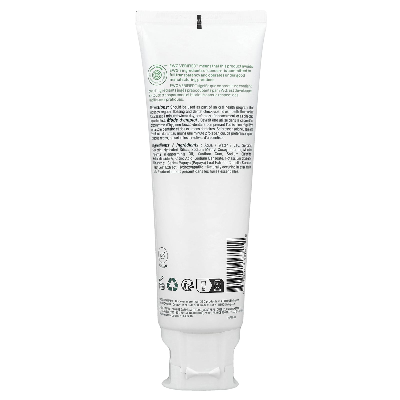ATTITUDE, Super Leaves™, Fluoride Free Whitening Toothpaste, Peppermint, 4.2 oz (120 g)