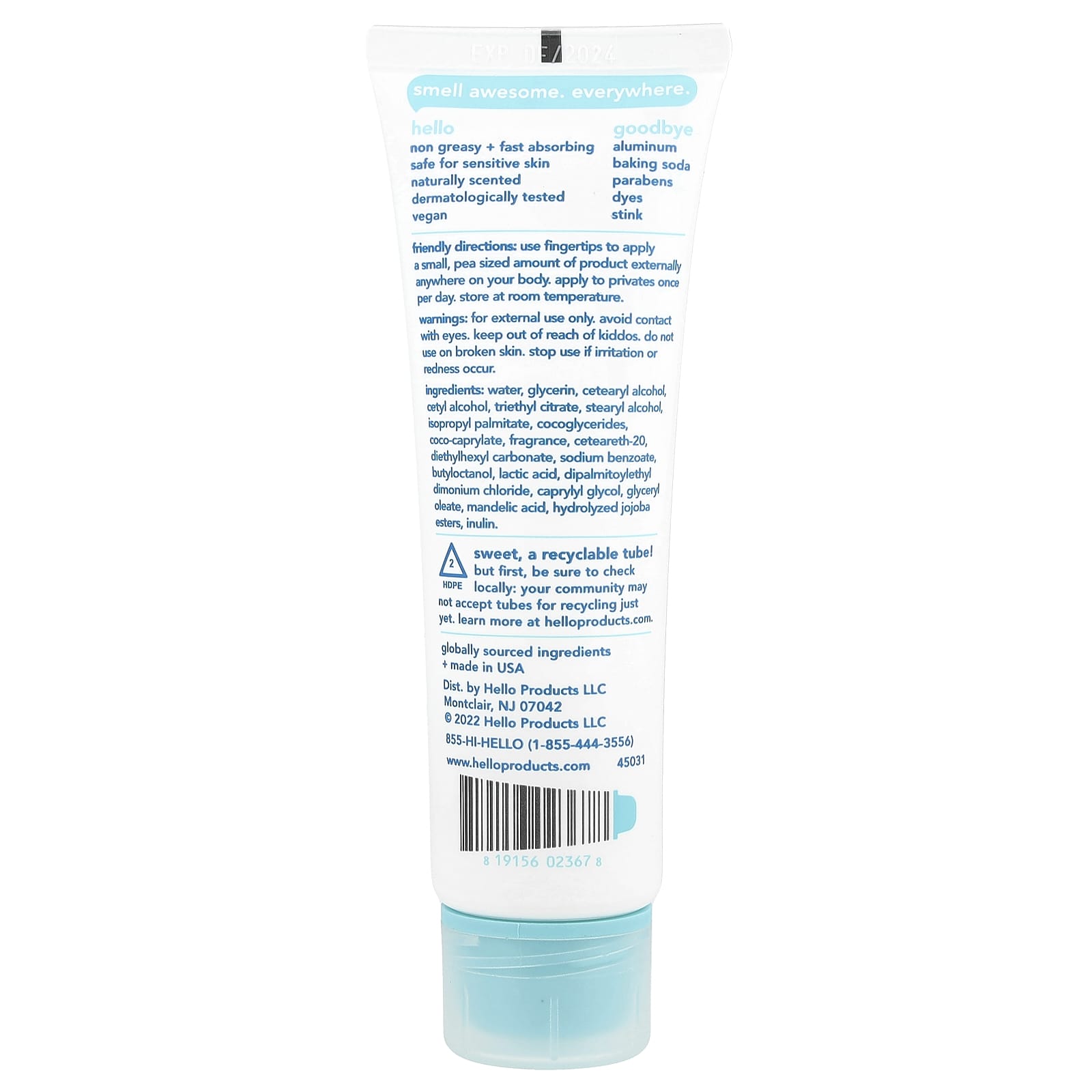 Hello, All Over Deodorant Cream, Clean + Fresh , 3 oz (85 g)
