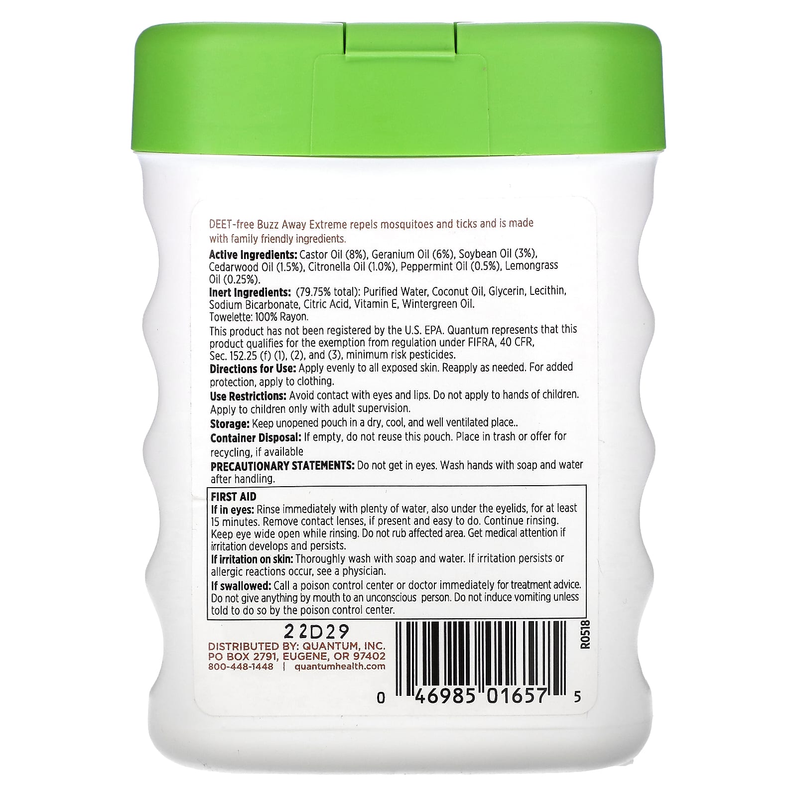 Quantum Health, Buzz Away Extreme, Deet-Free Insect Repellent, 25 Towelettes