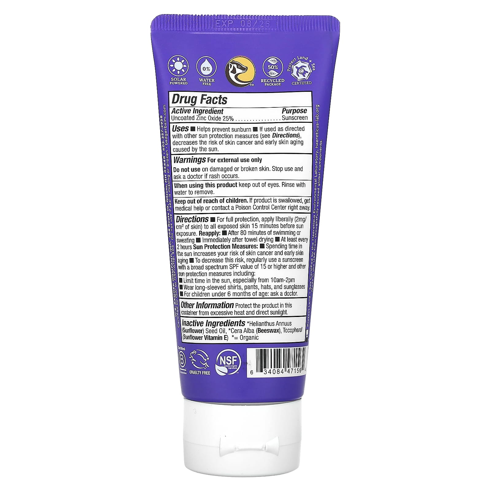 Badger, Adventure, Mineral Sunscreen Cream, SPF 50, Unscented, 2.9 fl oz (87 ml)