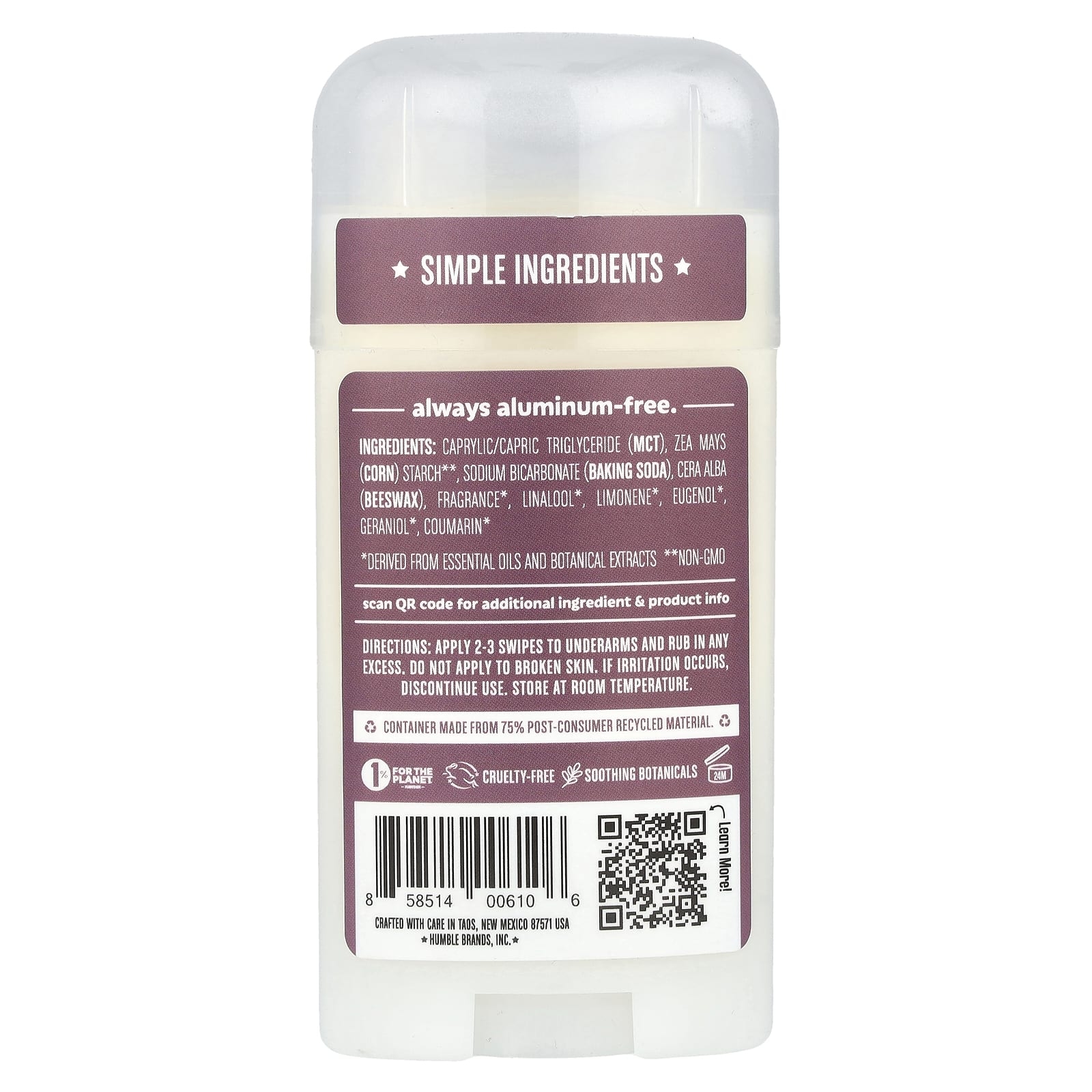 Humble Brands, Aluminum-Free Deodorant, Lavender & Holy Basil , 2.5 oz (70 g)