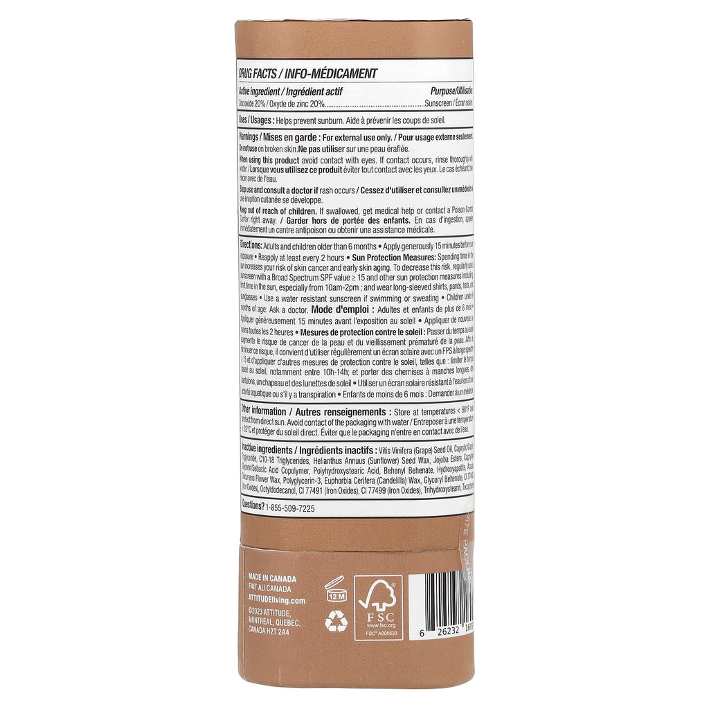 ATTITUDE, Tinted Mineral Sunscreen Face Stick, SPF 30, Unscented, 0.7 oz (20 g)