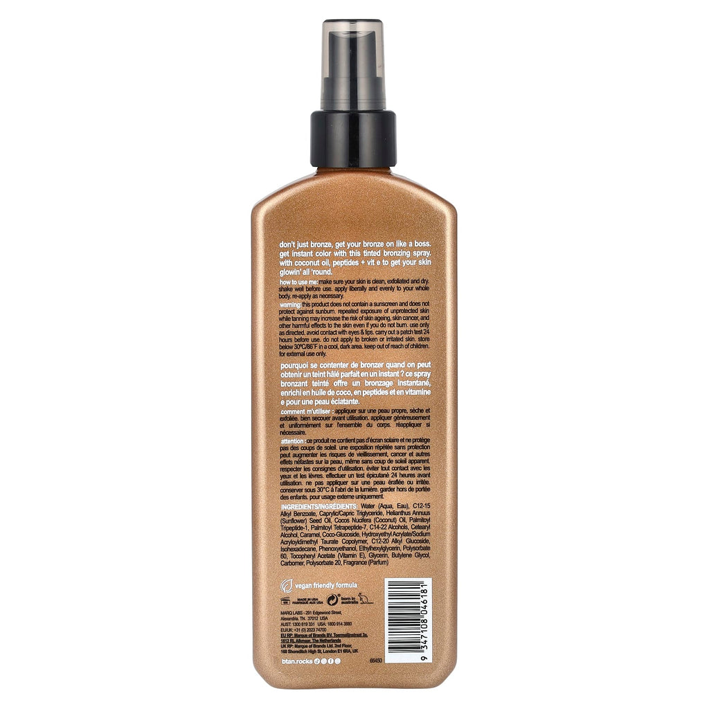 b.tan, Bronzed Like A Boss, Bronzing Spray Lotion with Coconut Oil, Peptides + Vitamin E, 8.45 fl oz (250 ml)