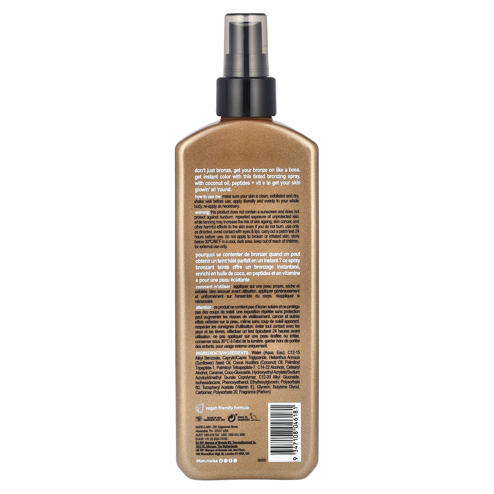 b.tan, Bronzed Like A Boss, Bronzing Spray Lotion with Coconut Oil, Peptides + Vitamin E, 8.45 fl oz (250 ml)