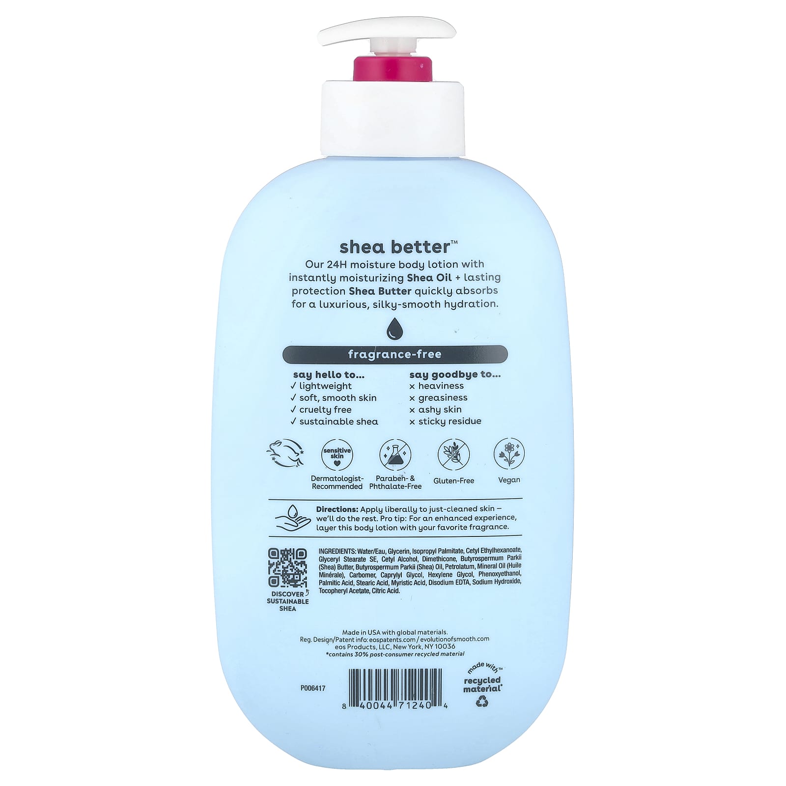 EOS, Shea Better™, 24H Moisture Body Lotion, Fragrance-Free, 16 fl oz (473 ml)