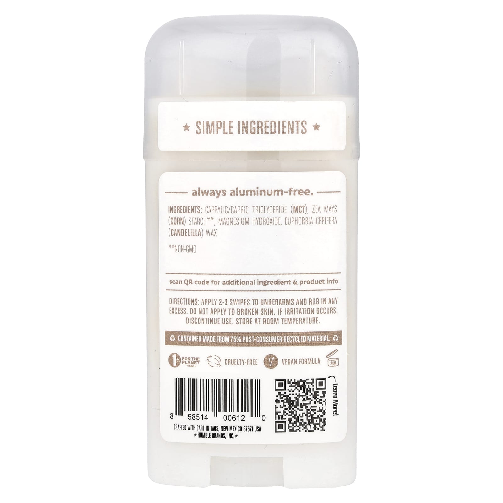 Humble Brands, Baking Soda-Free Deodorant, Simply Unscented, 2.5 oz (70 g)