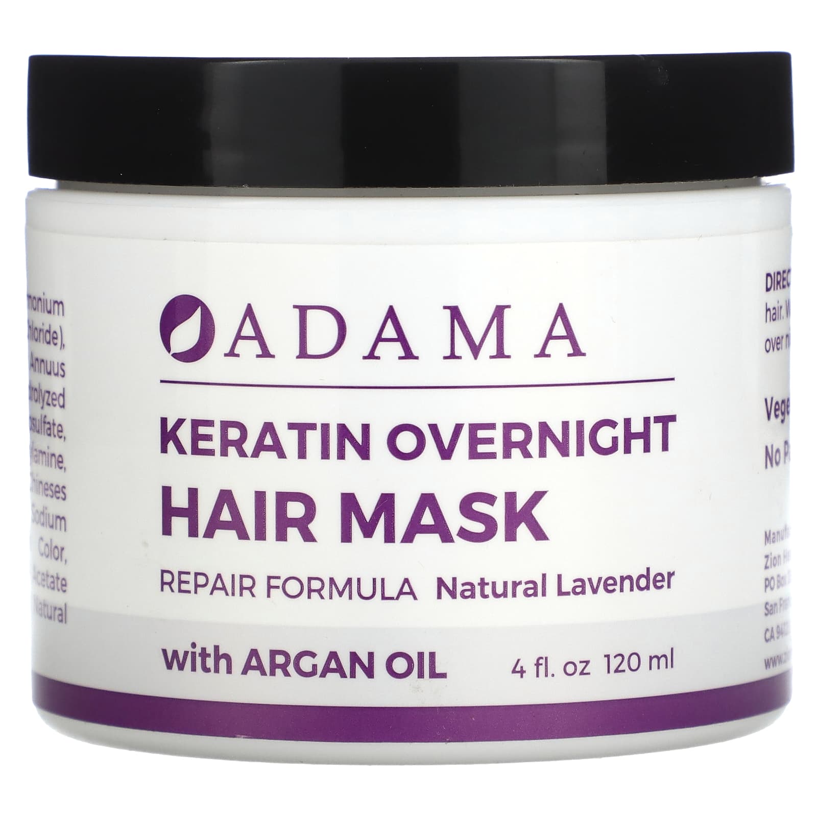 Zion Health, Adama, Keratin Overnight Hair Mask, Natural Lavender, 4 fl oz (120 ml)