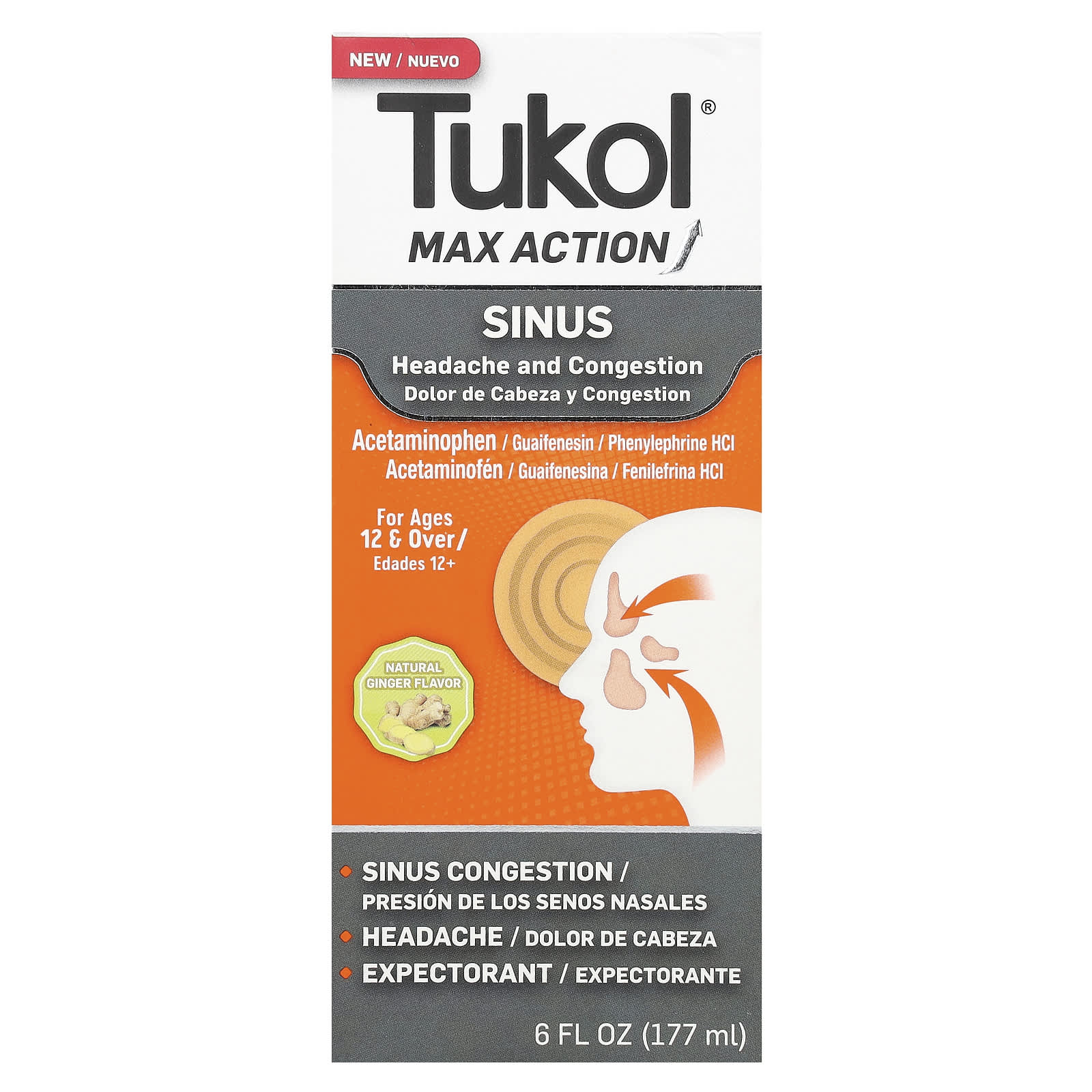 Tukol, Max Action, Sinus, Ages 12 & Over, Natural Ginger, 6 fl oz (177 ml)