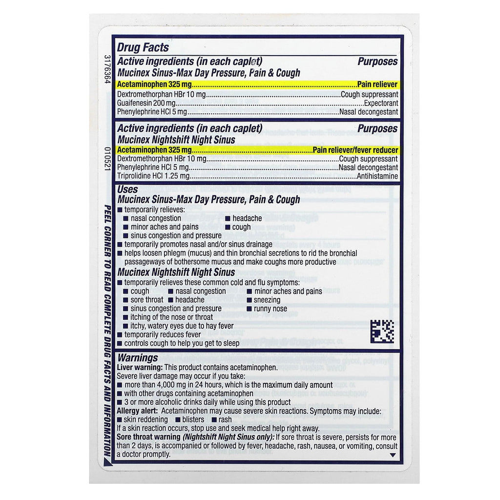 Mucinex, Sinus-Max Day and Nightshift Night Sinus, Maximum Strength, For Ages 12+, 2 Bottles, 20 Caplets