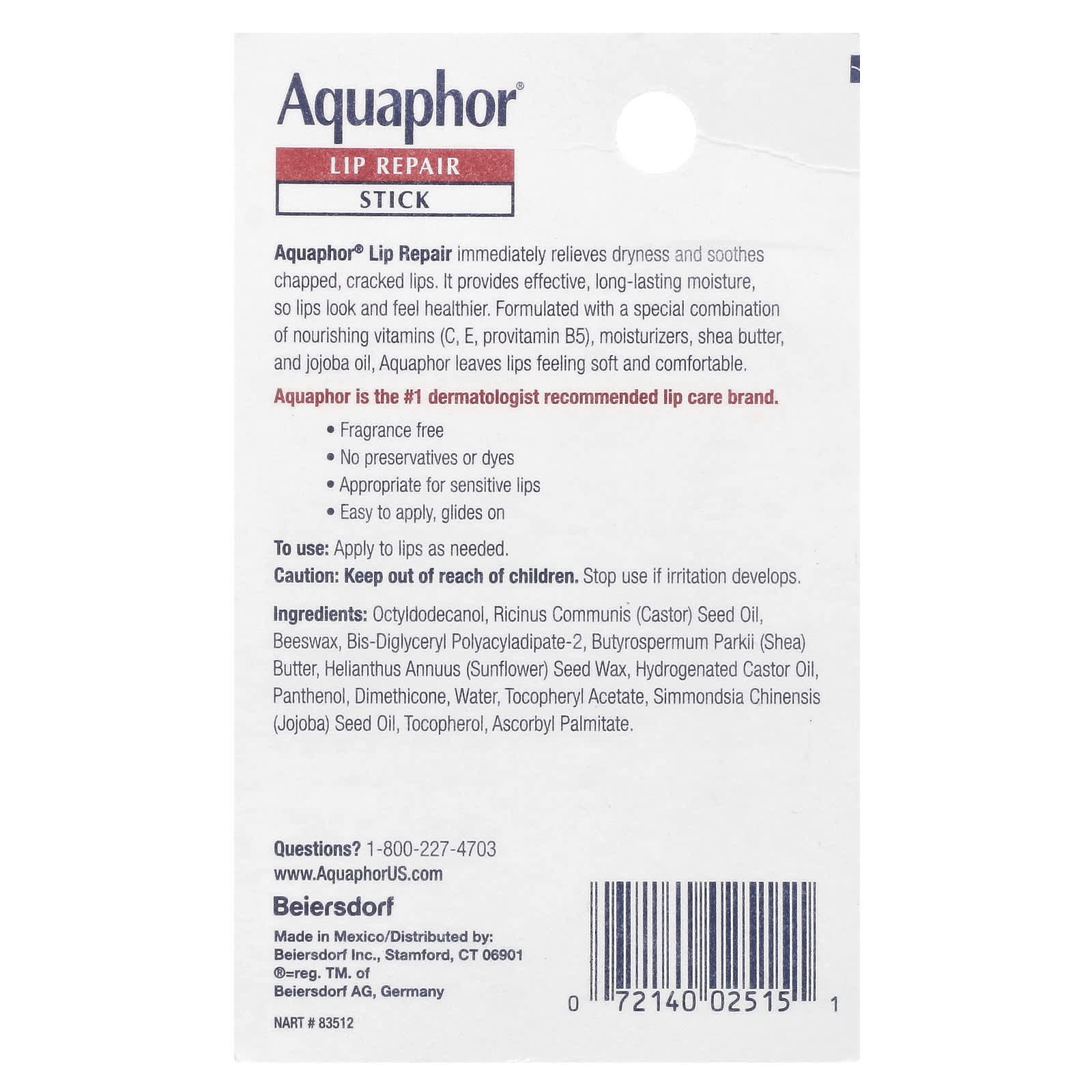 Aquaphor, Lip Repair Stick, Immediate Relief, Fragrance Free, 0.17 oz (4.8 g)