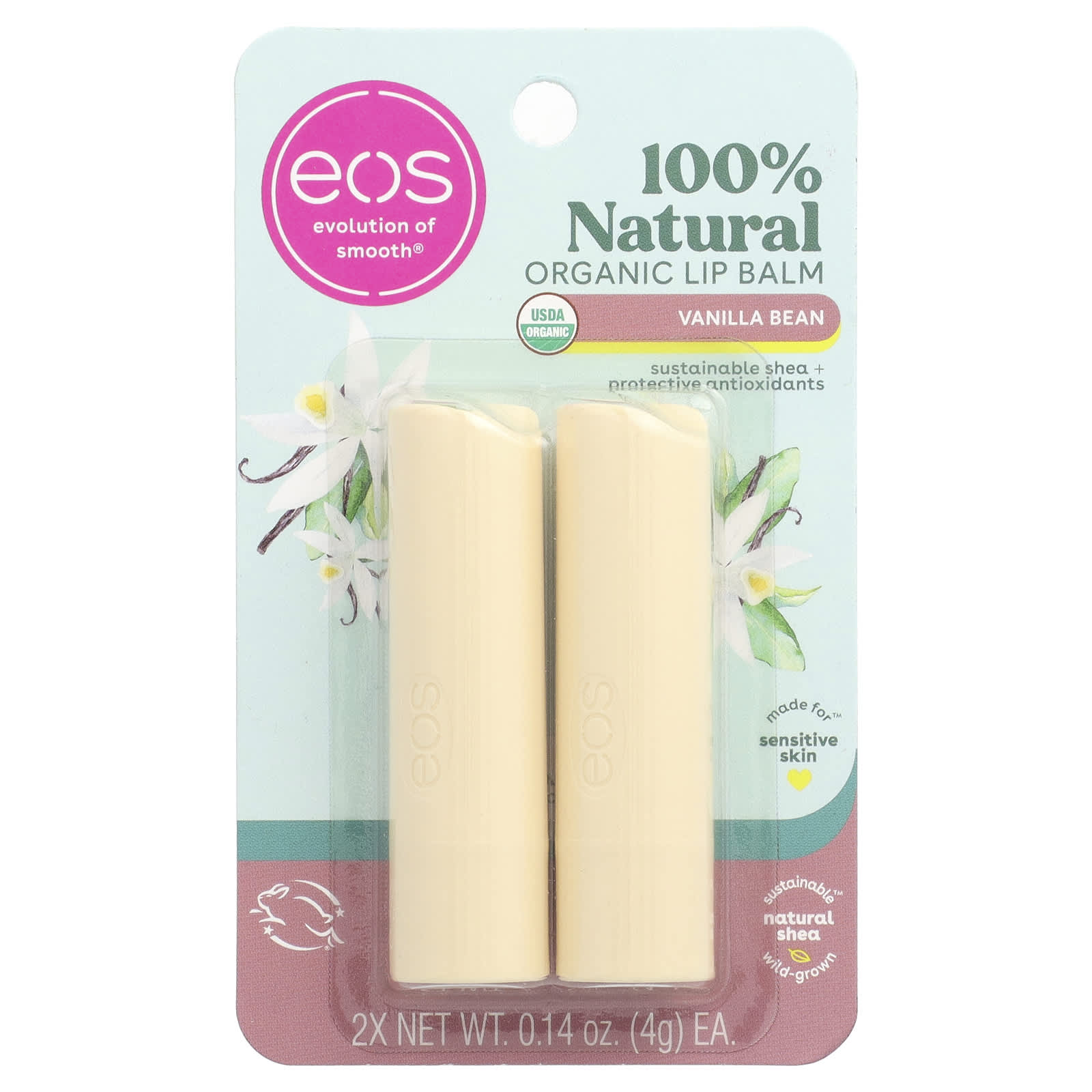 EOS, 100% Natural Organic Lip Balm, Vanilla Bean, 2 Pack, 0.14 oz (4 g) Each