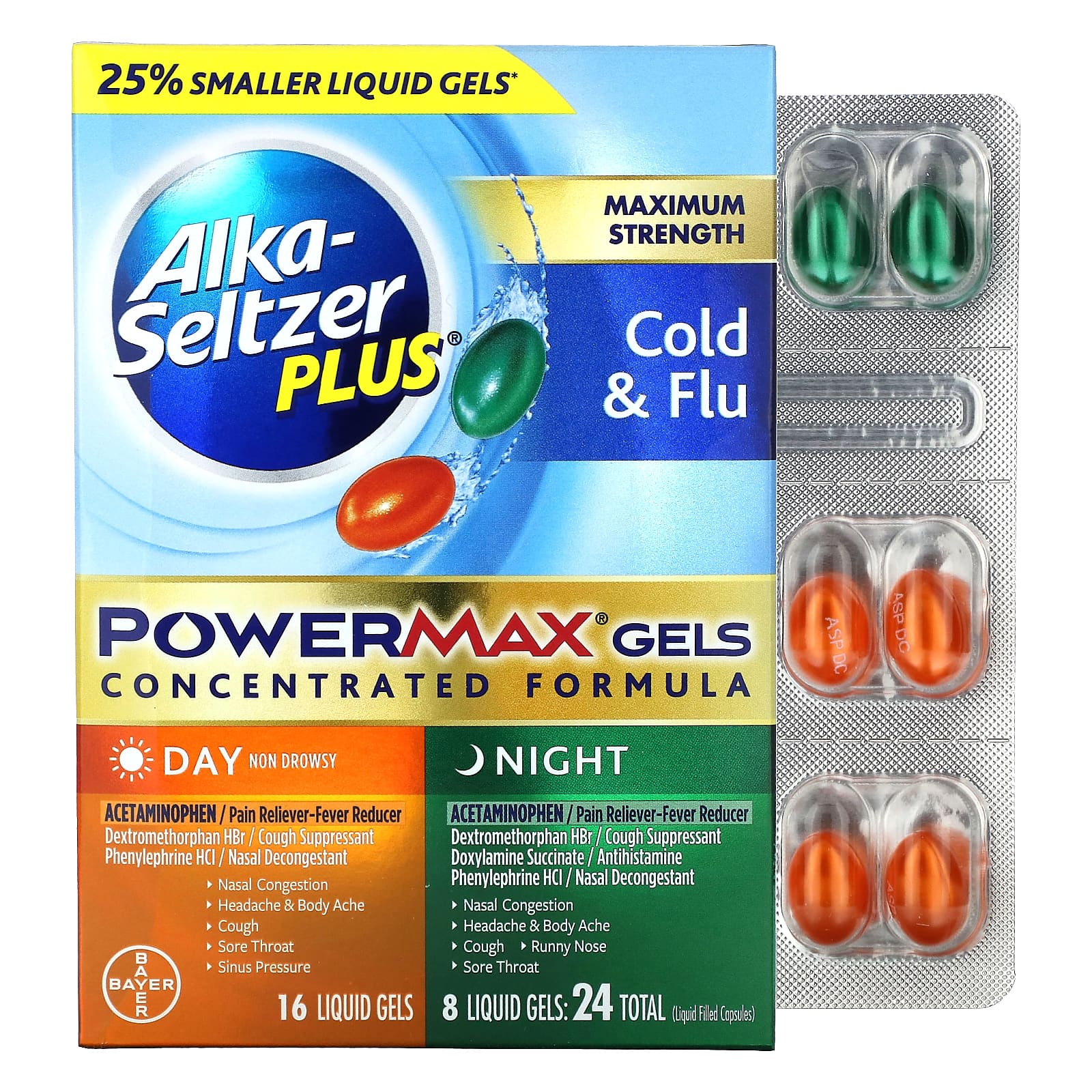 Alka-Seltzer Plus, Maximum Strength Cold & Flu, PowerMax Gels, Day & Night, 24 Liquid Gels