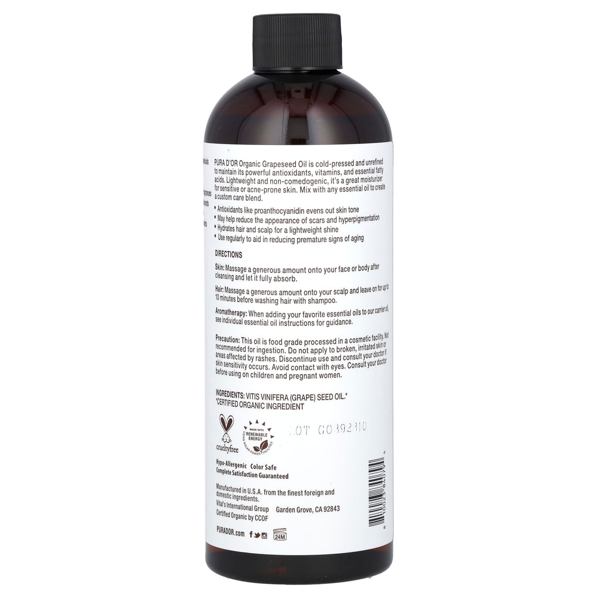 Pura D'or, Organic Grapeseed Oil, 16 fl oz (473 ml)
