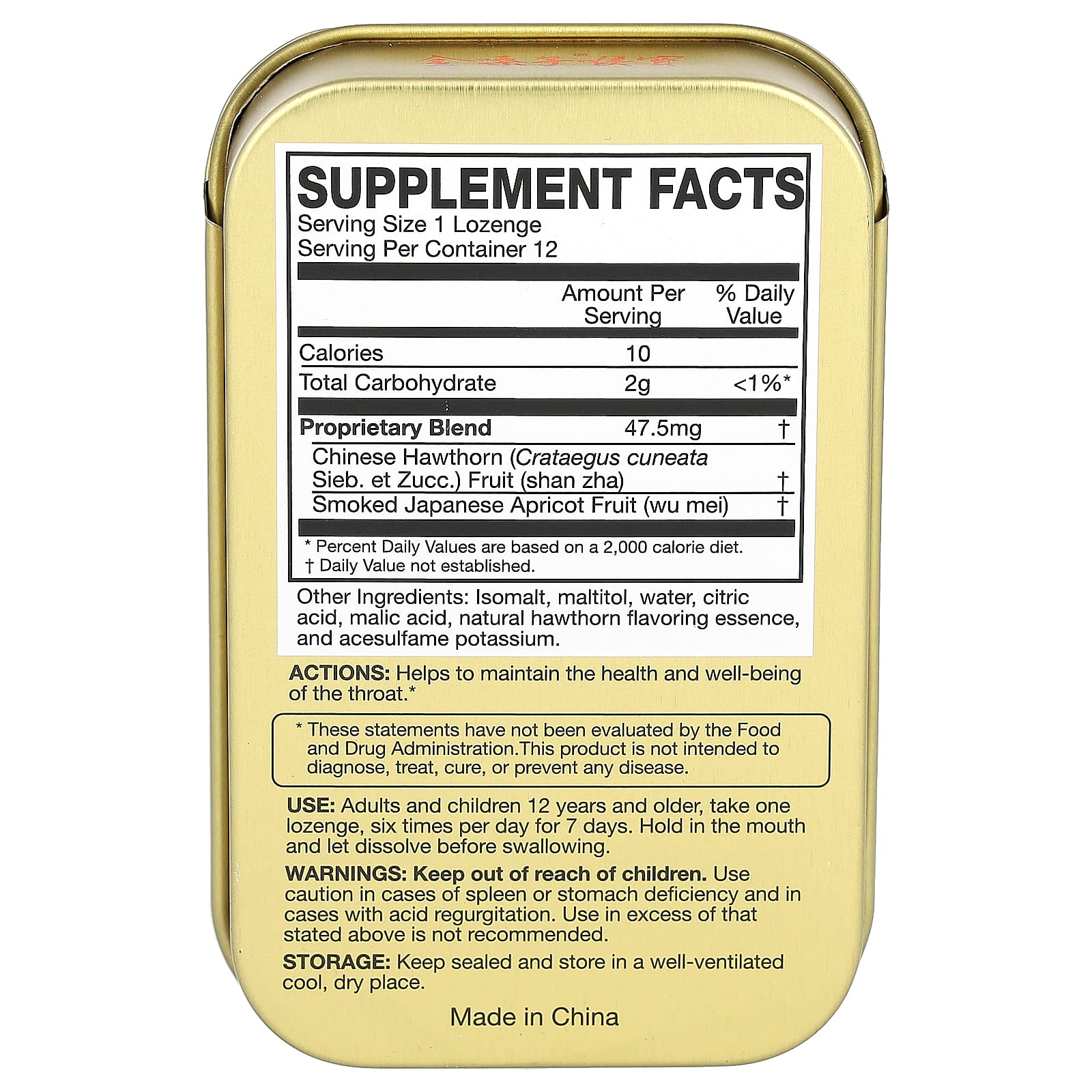 Golden Throat, Lozenge, Hawthorn, 12 Lozenges