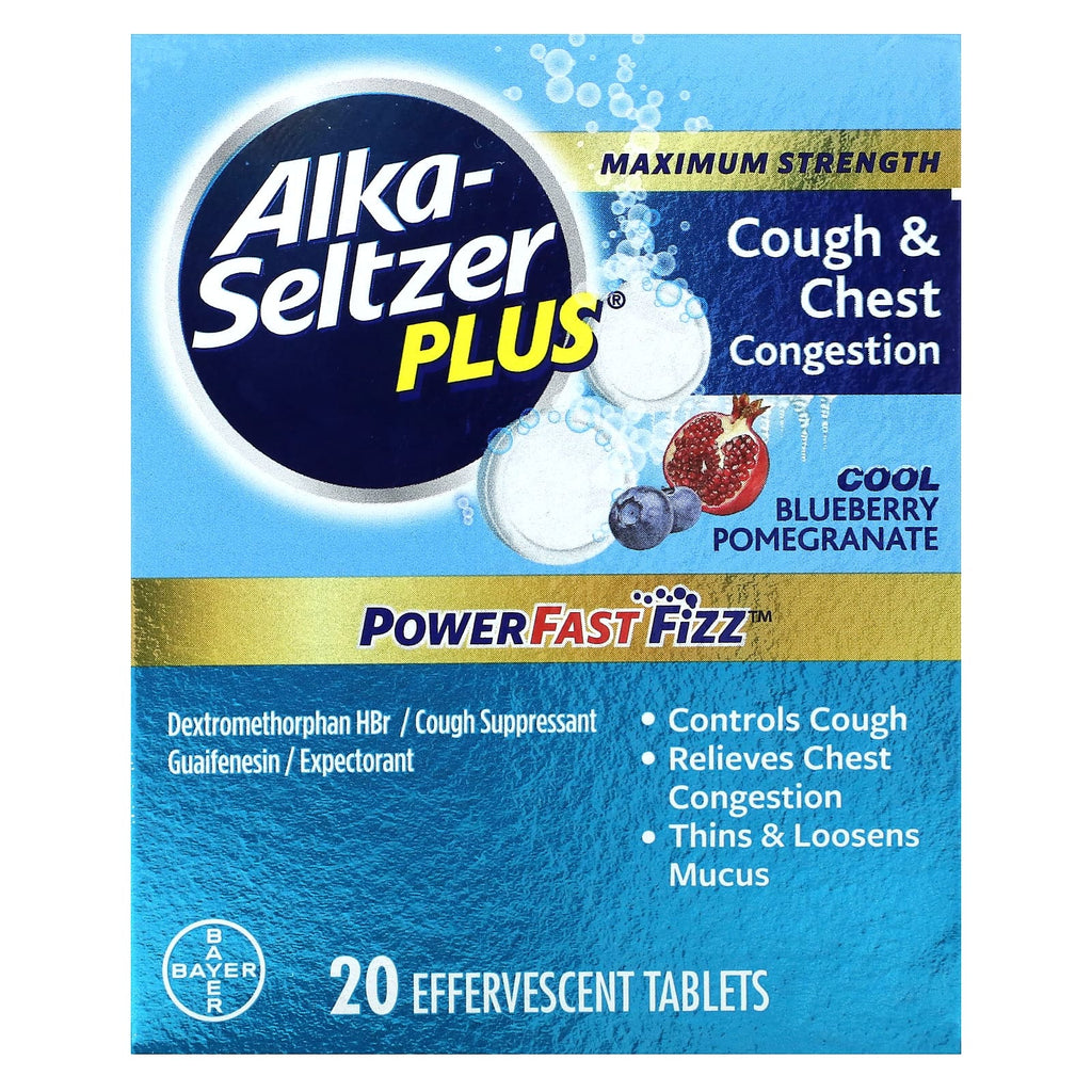 Alka-Seltzer Plus, Maximum Strength, Cough & Chest Congestion, Cool Blueberry Pomegranate , 20 Effervescent Tablets