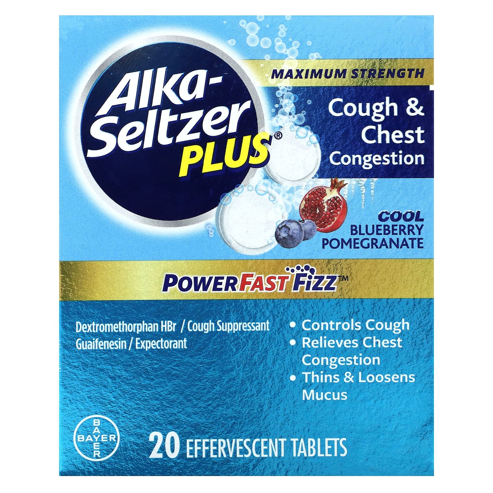 Alka-Seltzer Plus, Maximum Strength, Cough & Chest Congestion, Cool Blueberry Pomegranate , 20 Effervescent Tablets
