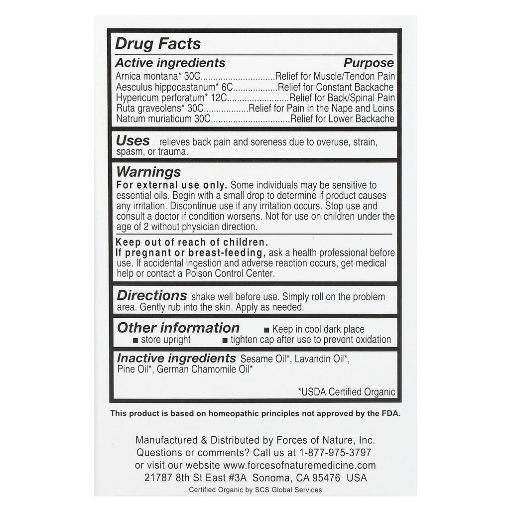Forces of Nature, Back Pain, Organic Plant Medicine, 0.14 fl oz (4 ml)